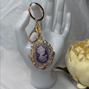 Gold-Tone Key-Chain & Bag Charm with Lavender Cameo Pendant